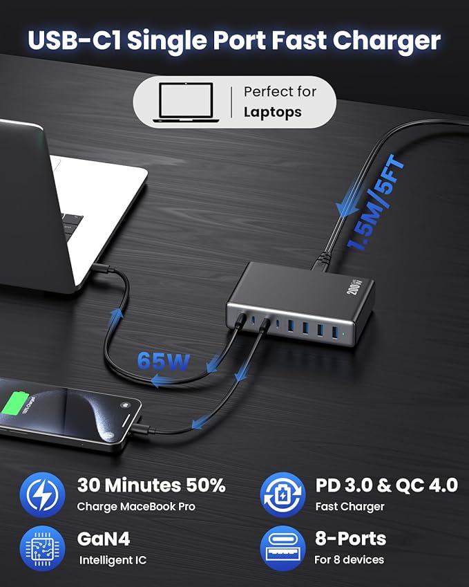 200W USB C Charger Block,GaN IV Charging Station 8 Ports,QC4.0 Fast Charging Station Hub+PD 65W USB C Laptop Charger Adapter Compatible with MacBook Air/Pro,DELL,iPhone 16/15,iPad,Steam Deck-Black