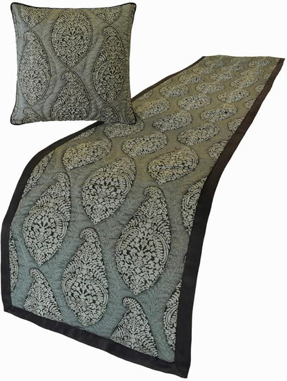 The HomeCentric King/Queen/Twin Grey Decorative Full 68"x18" Bed Runner with Pillow Cover, Paisley & Beaded Bed Scarf on Jacquard Fabric - Paisley History
