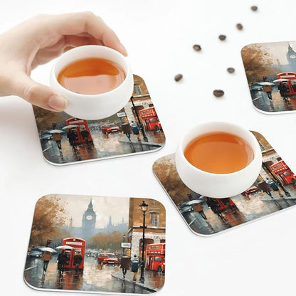 4Pcs Leather Coaster for Drinks London Impression Cup Coasters Aesthetic Drink
