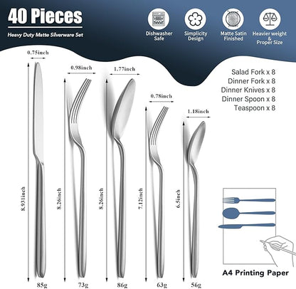 Heavy Duty Silverware Set, EIUBUIE 40-Piece Premium Stainless Steel Flatware Sets For 8, Matte Brushed Finish Cutlery Tableware Modern Kitchen Utensils Set for Home Restaurant, Dishwasher Safe