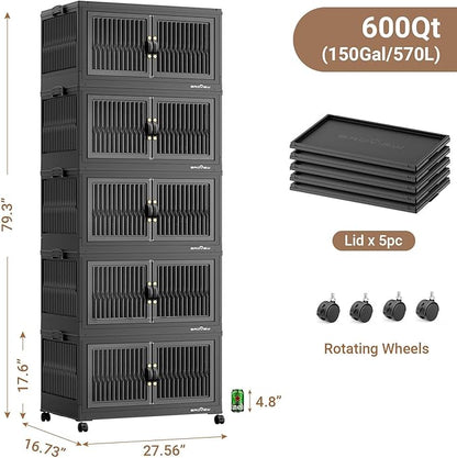 BROVIEW 600Qt Stackable Storage Bins with 5 Lids, Extra Large Closet Organizer Collapsible Drawer Boxes with Wheels, Folding Plastic Cabinet Containers for Home Kitchen Room Organization, 5Pack Black