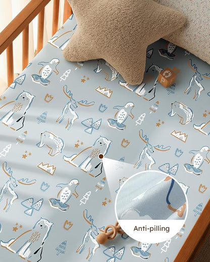 Baby Crib Sheets for Boys Girls, 28x52x8in Fitted Crib Sheet Neutral 3 Pack for Standard Crib and Toddler Mattress, Breathable Soft Microfiber Baby Sheet Blue & Apricot Bear