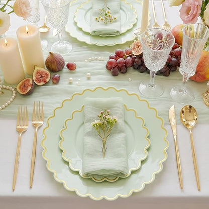 LIYH 100 Sage Green Scalloped Plastic Plates