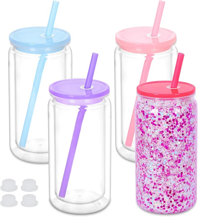 16 Oz Plastic Snowglobe Tumbler, 4 Pack Pre-Drilled Double Wall Plastic Clear