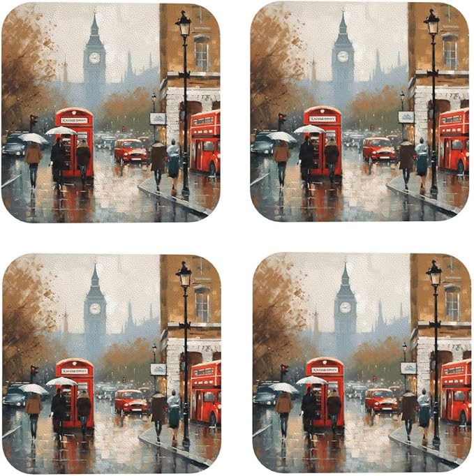 4Pcs Leather Coaster for Drinks London Impression Cup Coasters Aesthetic Drink