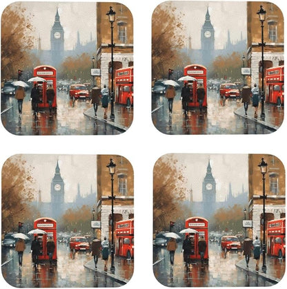 4Pcs Leather Coaster for Drinks London Impression Cup Coasters Aesthetic Drink