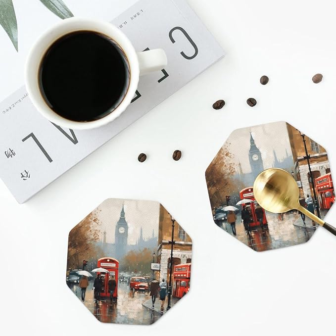 4Pcs Leather Coaster for Drinks London Impression Cup Coasters Aesthetic Drink