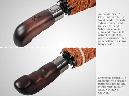 Balios Travel Folding Umbrella with Real Wood Handle Auto Open Close Vented Windproof Canopy - Designed in UK