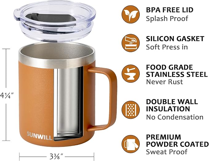 SUNWILL Insulated Coffee Mug, Stainless Steel 14 oz, Splash-Proof Lid | Keeps