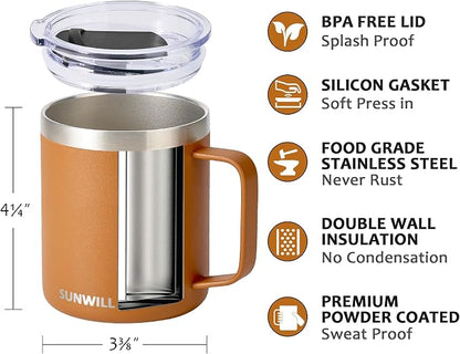 SUNWILL Insulated Coffee Mug, Stainless Steel 14 oz, Splash-Proof Lid | Keeps