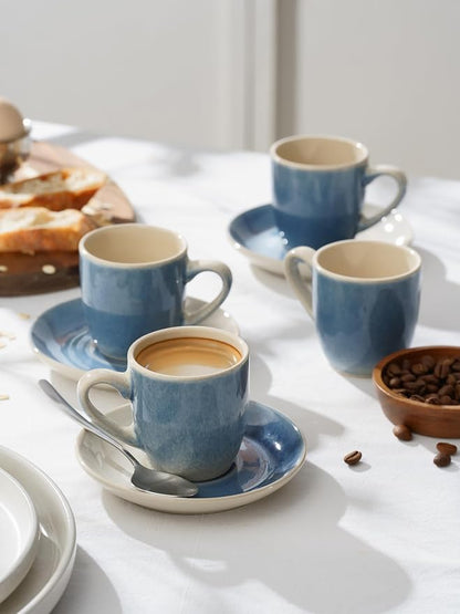 famiware 3oz Espresso Cups and Saucers, Azure Blue | Ceramic Small Coffee Mug