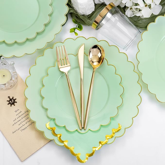 LIYH 210Pcs Gold Trim Sage Green Plastic Plates, Dinnerware Set