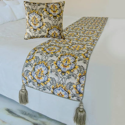 The HomeCentric King/Queen/Twin Grey Decorative Queen 74"x18" Bed Runner Without Pillow Cover, Quilted, Damask & Tassels Bed Scarf on Jacquard Fabric - Damask Blaze