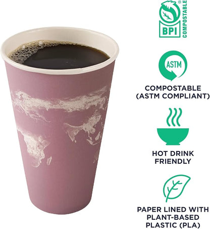 ECO PRODUCTS Compostable Disposable World Art 16oz Large Coffee Cups, Renewable