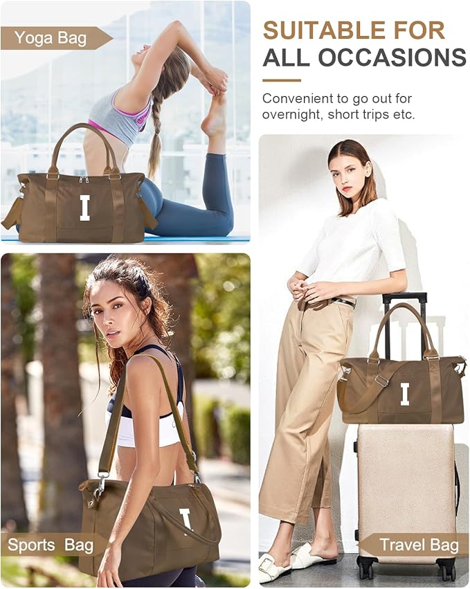 Birthday Graduation Gifts for Daughter,Initial Travel Duffel Bag Sports Gym Bag for Girls Teen Kids Birthday Gifts,Personalized Weekender Bag Carry On Tote Bags Cute Overnight Bag for Women(Brown, I)
