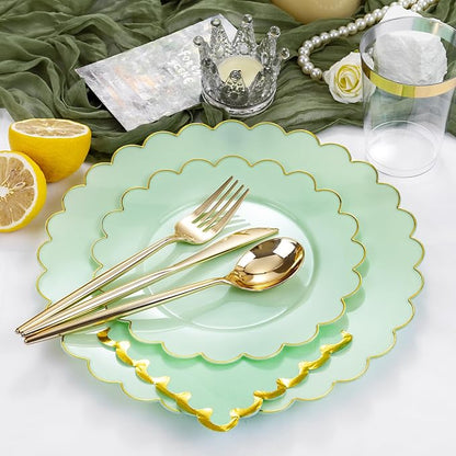 LIYH 210Pcs Gold Trim Sage Green Plastic Plates, Dinnerware Set