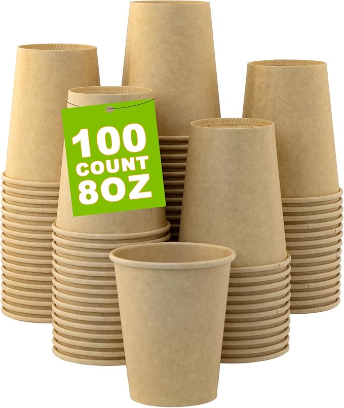 8 oz 100 Pack Disposable Coffee Cups, Bulk Brown Disposable Paper Cups