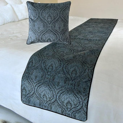 The HomeCentric King/Queen/Twin Gray Decorative CA King 86"x18" Bed Runner Without Pillow Cover, Damask, Victorian & Bead Embroidery Bed Scarf on Suede Fabric - Beatrice