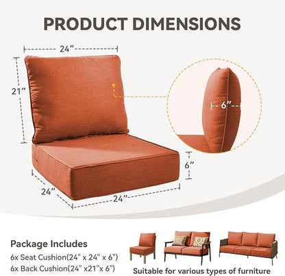 Outdoor Cushion Set for Furniture Patio Furniture, UV Resistant, Water Resistant - 6 Inch Thick Foam Garden Cushions– 24x24 Inch Patio Seat Covers for Chair/Sofa/Couch | Orange | 6-Pack |