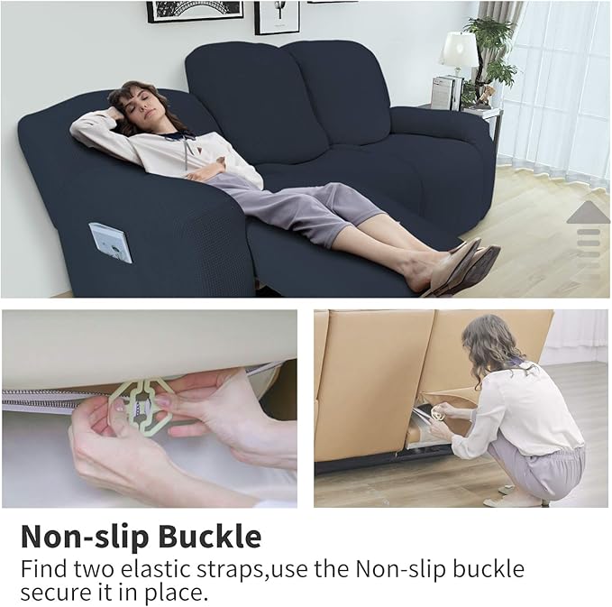 Easy-Going 6 Pieces Recliner Loveseat Stretch Sofa Slipcover Sofa Cover Furniture Protector Couch Soft with Elastic Bottom Kids, Spandex Jacquard Fabric Small Checks Dark Blue