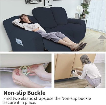Easy-Going 6 Pieces Recliner Loveseat Stretch Sofa Slipcover Sofa Cover Furniture Protector Couch Soft with Elastic Bottom Kids, Spandex Jacquard Fabric Small Checks Dark Blue