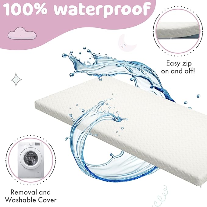2” Crib Mattress Topper Memory Foam - Waterproof Breathable Soft Washable Cover 52” x28” x 2” Fits Standard Size Cribs & Toddler Beds by Sleepah