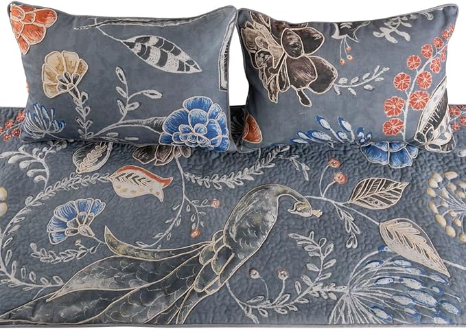 The HomeCentric Blue Bed Runner, CA King Size 86"x18" Decorative Bed Runner with Matching Pillow Cover, Blue Linen Bed Scarf in Quilted Peacock, Linen & Jute Embroidery - Peacock Willow