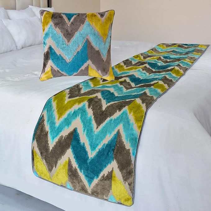 The HomeCentric King/Queen/Twin Blue Decorative King 90"x18" Bed Runner with Two Pillow Cover, Velvet, Peacock Colors & Ombre Bed Scarf on Velvet Fabric - Plume Palatte