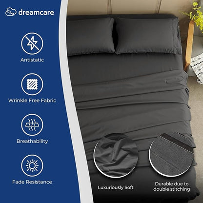 DREAMCARE Twin XL Sheet Sets - 4pc Cooling Sheets XL Twin Sheets - Twin XL Sheets up to 21” Deep Pocket – Hotel Luxury Extra Long Bed Sheets 100% Brushed Microfiber with Side Pocket - Gray