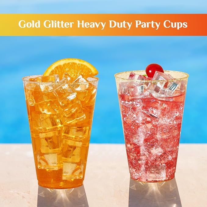 Vplus 100 Pack 14 OZ Gold Glitter Disposable Plastic Cups Glasses