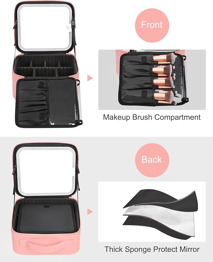 Relavel Makeup Bag with Light Up Mirror, Makeup Case Travel Cosmetic Bags Brush Organizer Storage Box, Rechargeable Vanity Mirror with 3 Color Lights, High Frame Mirror Protection (Pink)