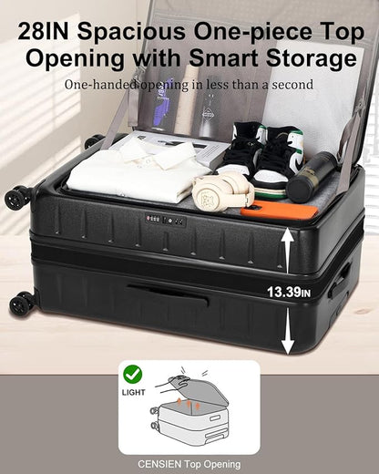 Expandable Checked Luggage, 28 Inch Luggage with Spinner Wheels, Lightweight ABS+PC Hard Shell Large Suitcase with Top Opening, TSA Lock (Black, 1PC)