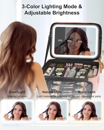 Relavel Makeup Bag with LED Mirror, 16.2 inches Large Professional Makeup Case for Makeup Artists, Travel Portable Cosmetic Organizer Storage Box, Vanity Case with 3 Colors Lighted Mirror, Pink