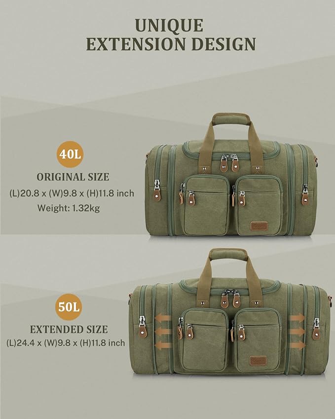 Gonex Canvas Duffle Bag for Travel, Expandable Water Resistant 50L Carry on Duffel Overnight Weekender Gym Bag with Wet Dry Separation Pocket & Suitcase Handle Sleeve, Army Green