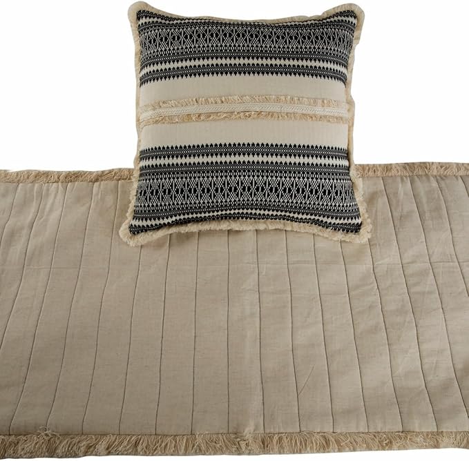 The HomeCentric Beige Bed Runner, King Size 90"x18" Decorative Bed Runner with 2 Matching Pillow Cover, Beige & Black Linen Bed Scarf in Quilted, Natural Linen with Lace - Moroccan Vibe