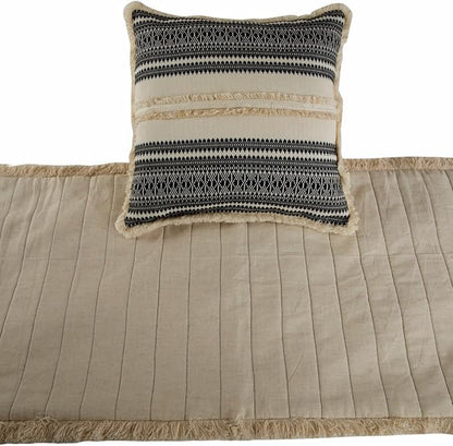The HomeCentric Beige Bed Runner, King Size 90"x18" Decorative Bed Runner with 2 Matching Pillow Cover, Beige & Black Linen Bed Scarf in Quilted, Natural Linen with Lace - Moroccan Vibe