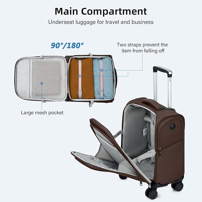 16 Inch Underseat Carry On Luggage with Wheels Softside Small Suitcases Personal Item Bag with Pocket Travel Luggage for Men Women Business Overnight Bag(Coffee)