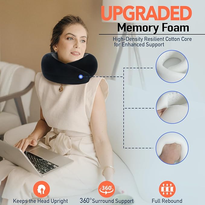 Travel Pillow | High-Density Memory Foam Pillow with 360° Surround Support. Ergonomically Designed. Ideal for Airplane Travel and Home Use.