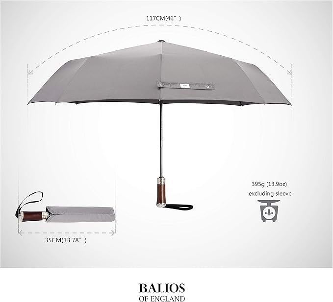 Balios (Designed in UK) Travel Umbrella Luxurious Golden Hardwood Handle Auto Open & Close Windproof Frame Single Canopy Automatic Folding Umbrella Men's & Ladies