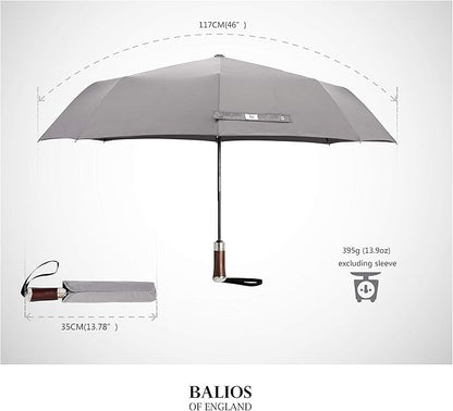 Balios (Designed in UK) Travel Umbrella Luxurious Golden Hardwood Handle Auto Open & Close Windproof Frame Single Canopy Automatic Folding Umbrella Men's & Ladies