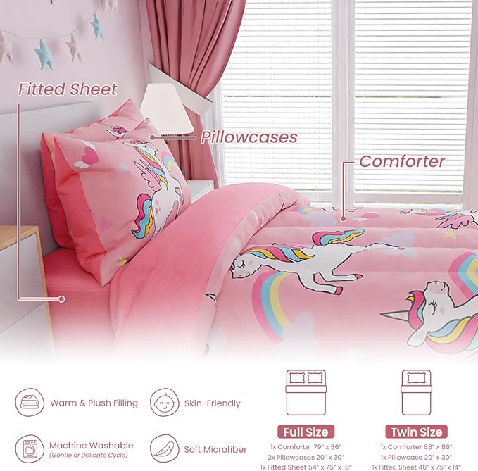 SANDJEST Unicorns Bedding Twin Set for Girls Kids Children, Ultra Soft Microfiber Comforter Set with 3-Pieces, Comforters Bed Sets Bedroom Decor