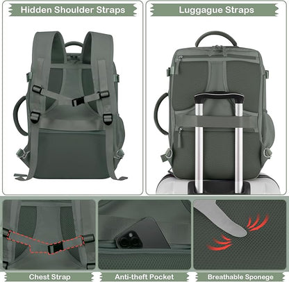 Hanples Extra Large Travel Backpack for Women as Person Item Flight Approved, 40L Carry On Backpack, 17 Inch Laptop Waterproof Hiking Casual Bag(Olive Green)