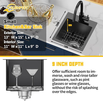 Small Black Kitchen Sink,13x15 Inch Stainless Steel Drop In Topmount Kitchen And Bar Sink Ideal Choice For Small Space, Prep Area, RV With Bottom Grid,Soap Mat And Drain Assembly
