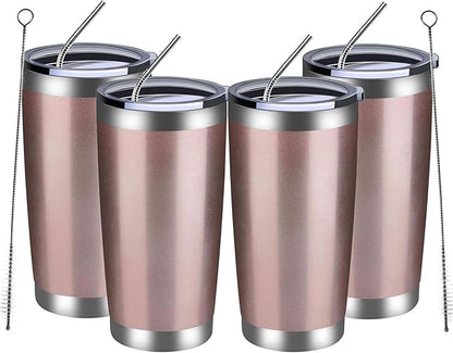 MEWAY 20oz Tumbler 4 Pack Double Wall Vacuum Insulated Travel Mug Bulk, Stainless Steel Tumblers with Lid and Straw, Durable Powder Coated Coffee Cups for Cold & Hot Drinks (Rose Gold, 4)