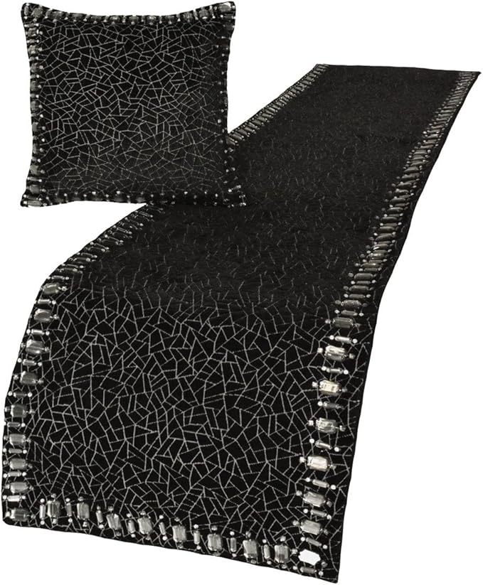 The HomeCentric King/Queen/Twin Black Decorative Twin 53"x18" Bed Runner with Pillow Cover, Mosaic & Crystal Bed Scarf on Velvet Fabric - Mosaic Noir