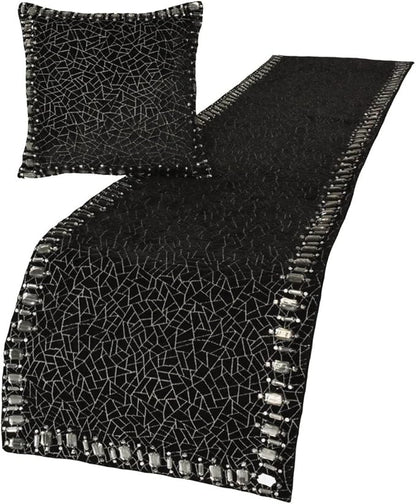 The HomeCentric King/Queen/Twin Black Decorative King 90"x18" Bed Runner with Pillow Cover, Mosaic & Crystal Bed Scarf on Velvet Fabric - Mosaic Noir