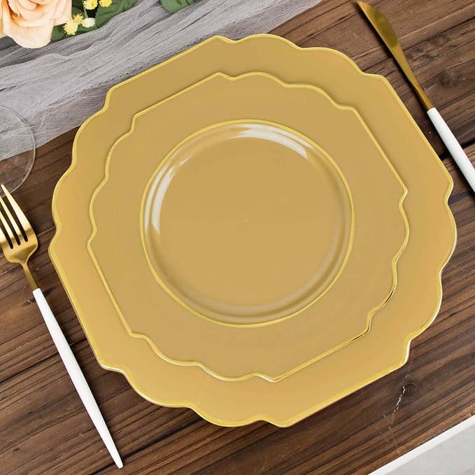 Gold Hard Plastic Dessert Plates, 50 Pack 8" Disposable Round Baroque Plates