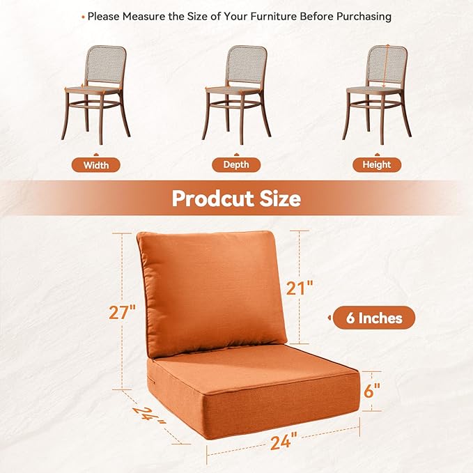 Luxury 6" Outdoor Cushions for Patio Furniture, 24x24x6" Thick Seat Cushion Set of 2, Fade Resistant Couch Chair Replacement Cushions High Density Deep Wicker Chair Cushion w/ Removable Cover, Orange