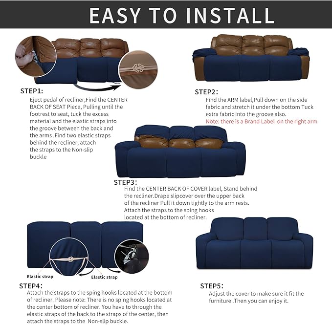 Easy-Going 8 Pieces Recliner Sofa Stretch Sofa Slipcover Sofa Cover Furniture Protector Couch Soft with Elastic Bottom Kids, Spandex Jacquard Fabric Small Checks Navy