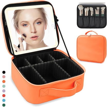 Travel Makeup Bag for Women and Makeup Artists Cosmetic Organizer Large Makeup Case,Travel Makeup Bag with Mirror 3 Color Setting,Portable Storage and Adjustable Dividers(orange)